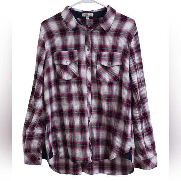 Kut from the Kloth Red Plaid Button Up Shirt Size Large - Picture 2 of 8
